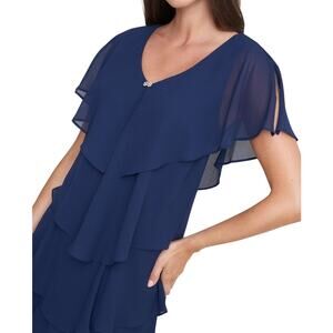 SLNY Navy Blue Ruffle Dress w/ Cap Sleeves & Silver Gemstone Details, Size 8